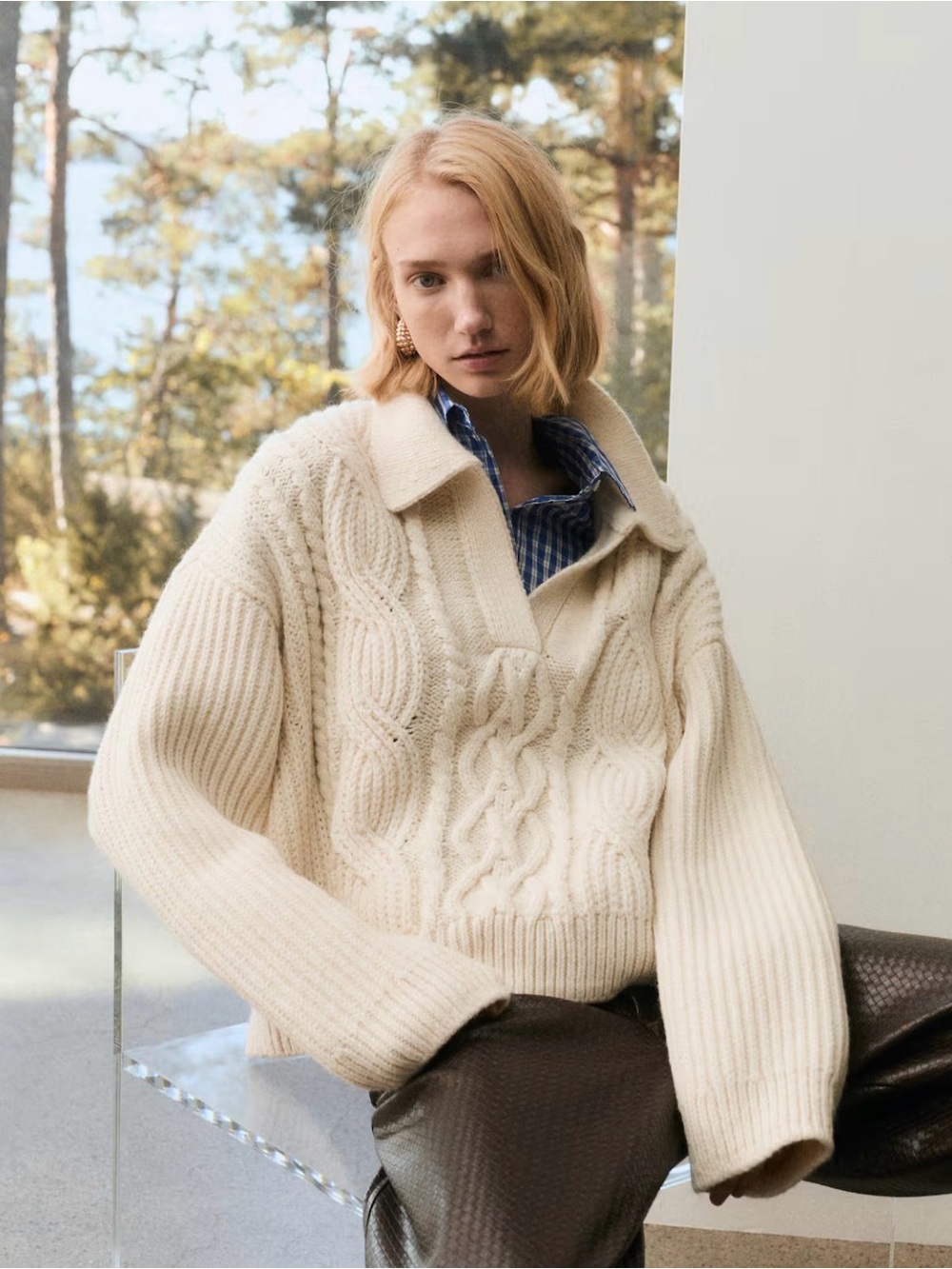 H&M Cream Cable-Knit Collared Sweater – Size M